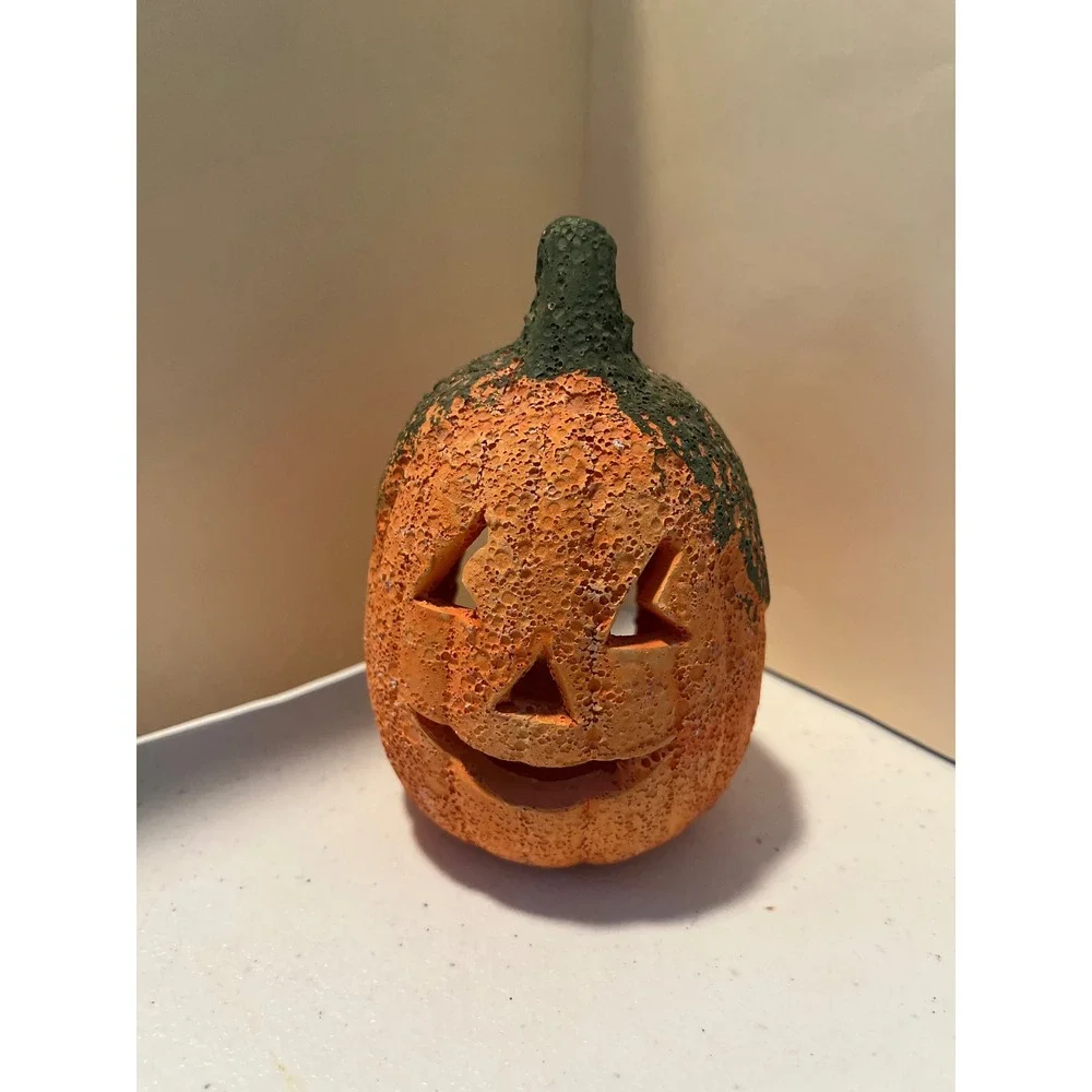 Rustic Textured Orange Pumpkin Jack O Lantern Tea Light Candle Holder Decor